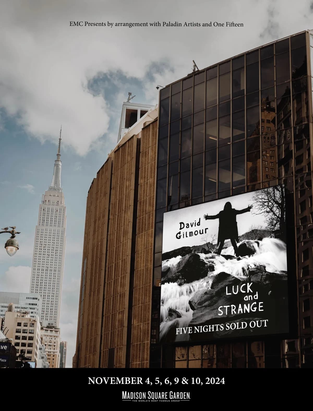 Madison Square Garden exterior with David Gilmour 'Five Nights Sold Out' billboard